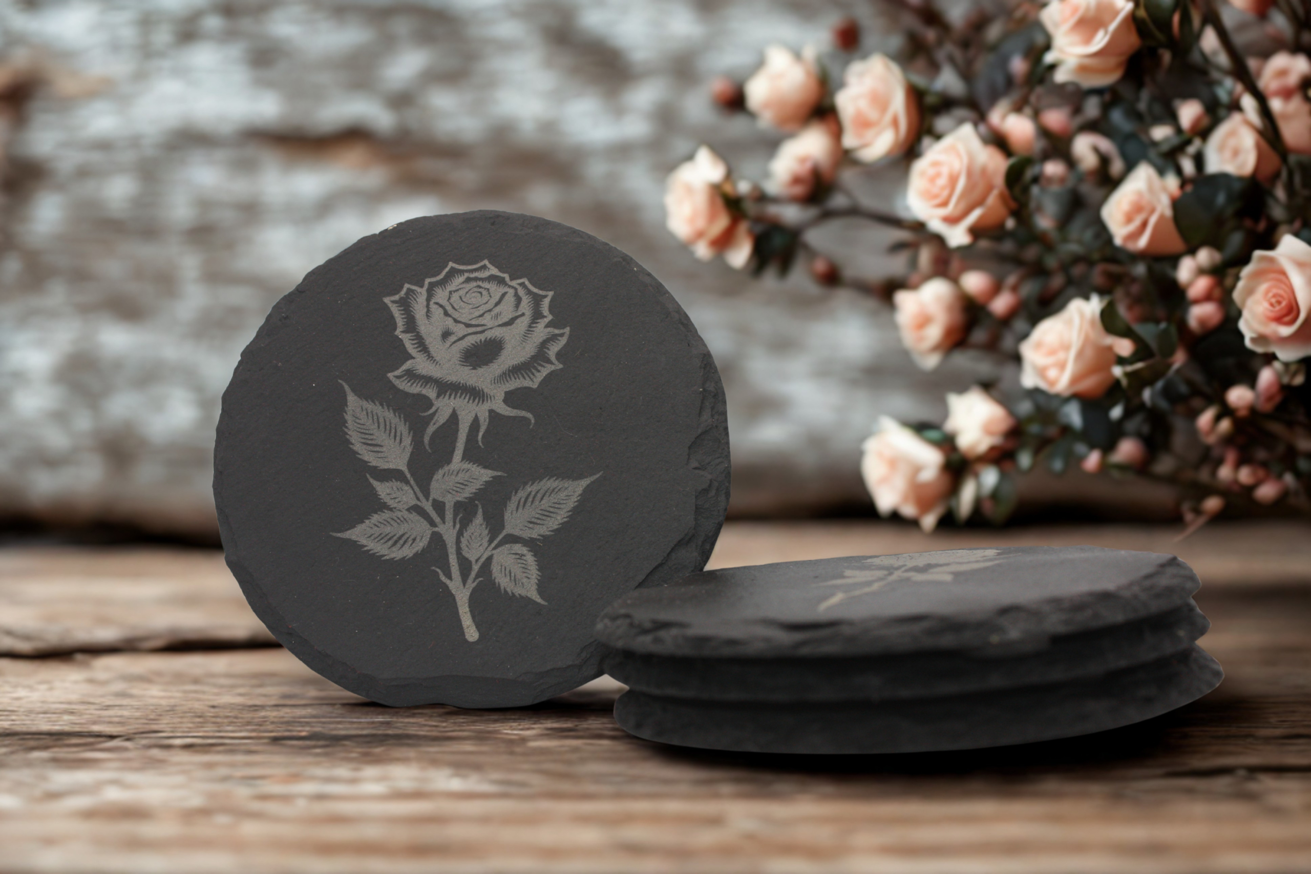 Engraved Slate Coasters Set of 4 - Rose - Image 2